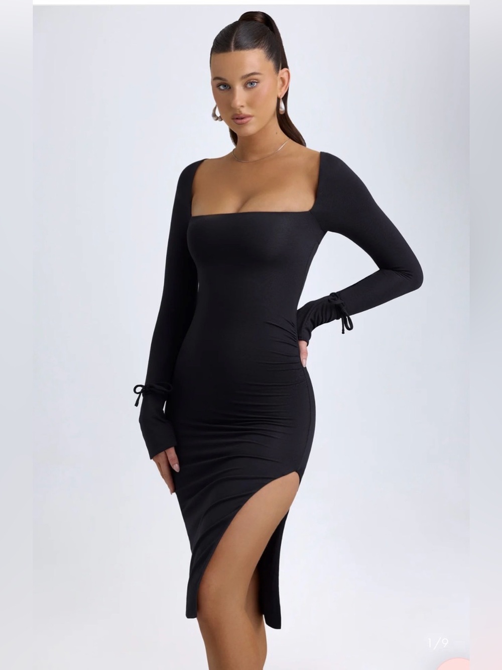 Oh Polly Black Square-Neck Long Sleeve Midi Dress with Side Slit